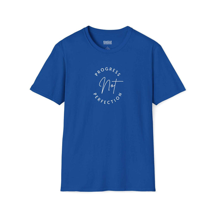 Blue unisex Progress T-Shirt with "Progress Not Perfection" text, made from soft cotton blend, classic fit with crew neckline