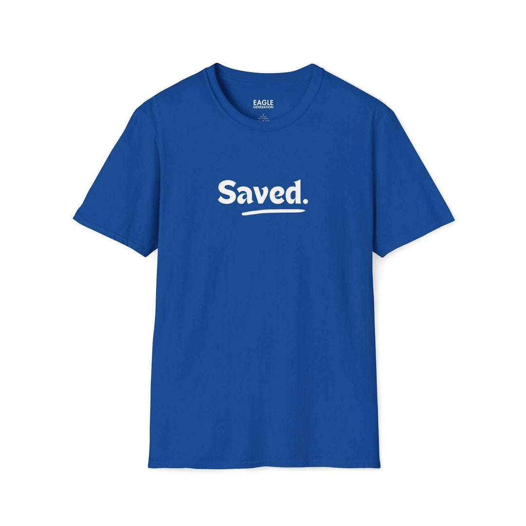 Blue Saved T-Shirt unisex soft-style crew neck made from 100% cotton with durable twill tape shoulders and ribbed collar