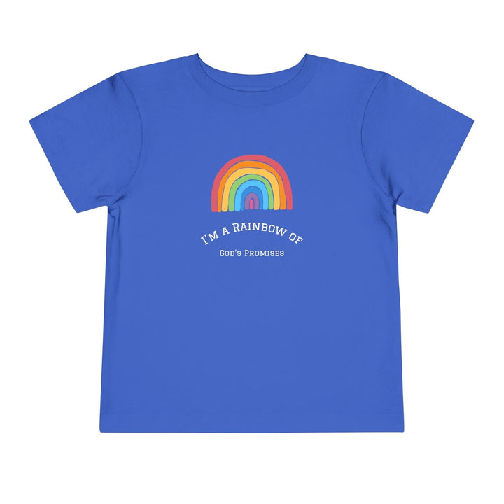 Blue T-Shirt with colorful rainbow and "I'm a Rainbow of God's Promises" text, made of 100% cotton for everyday comfort