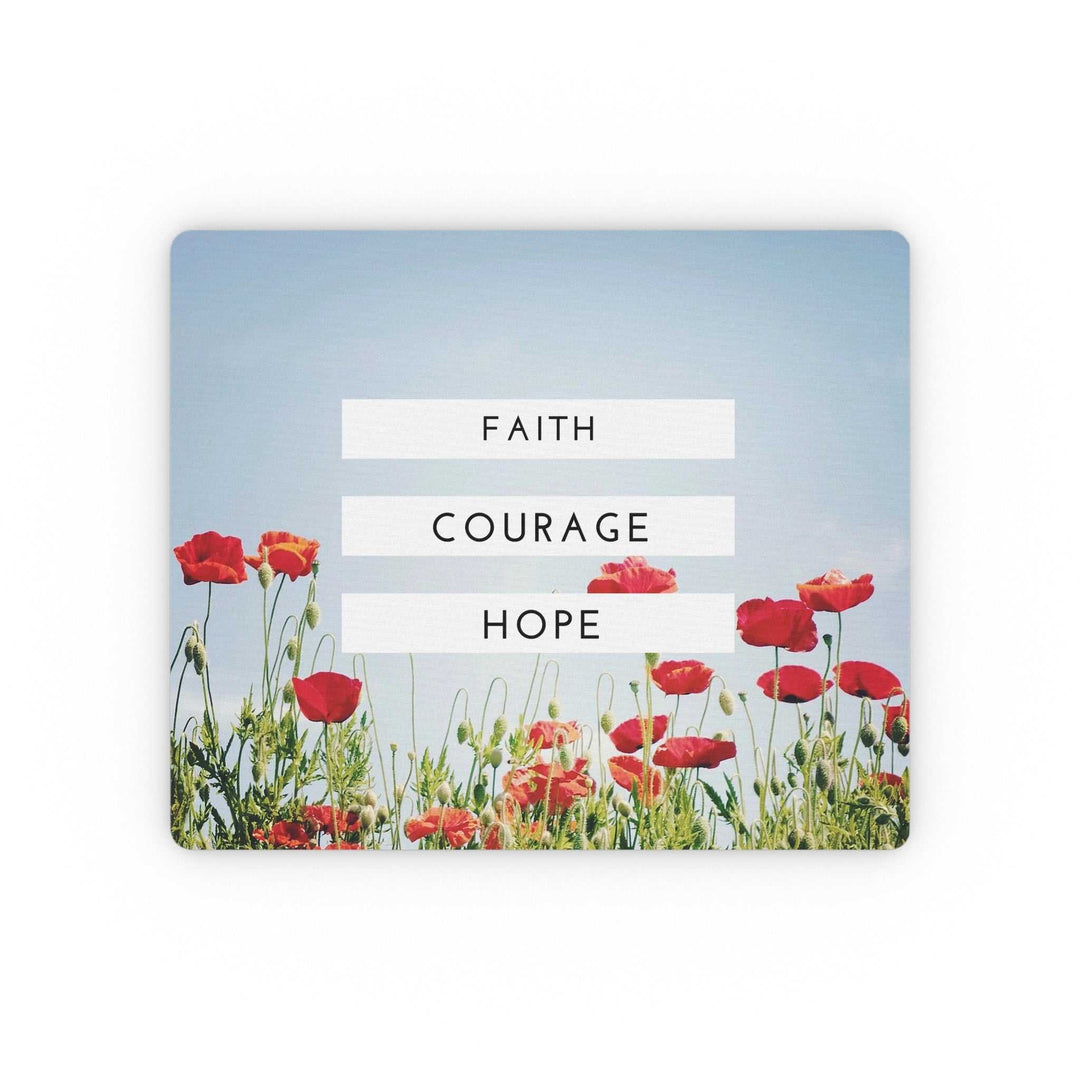 Mouse pad with red poppies and inspirational words faith, courage, hope on a blue sky background