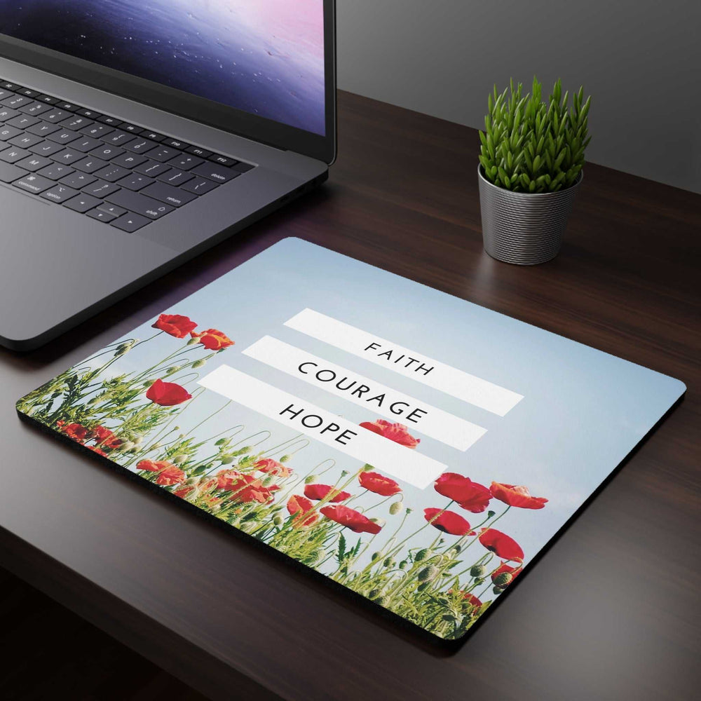 Mouse pad with red poppies and inspirational words faith, courage, hope on light blue background, non-slip rubber backing