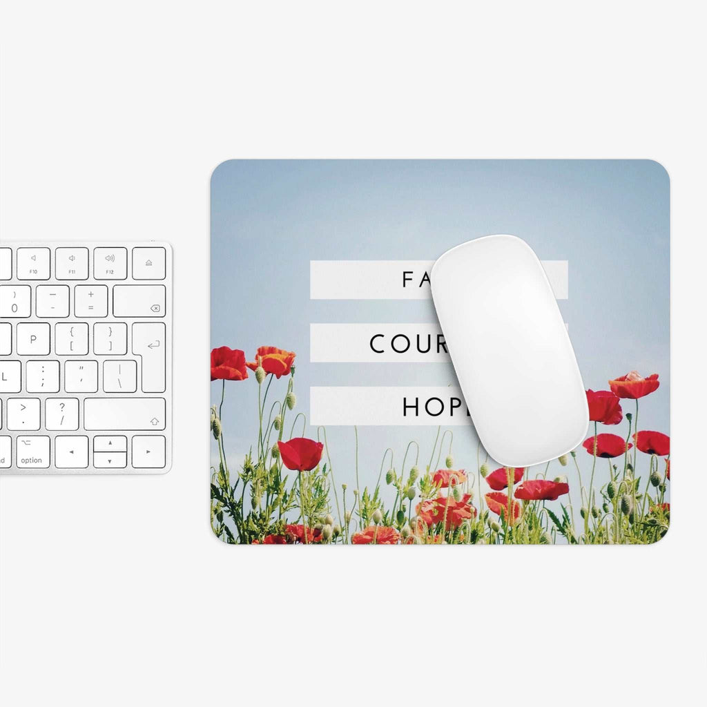 Bold in Hope mouse pad with vibrant red poppies and motivational text