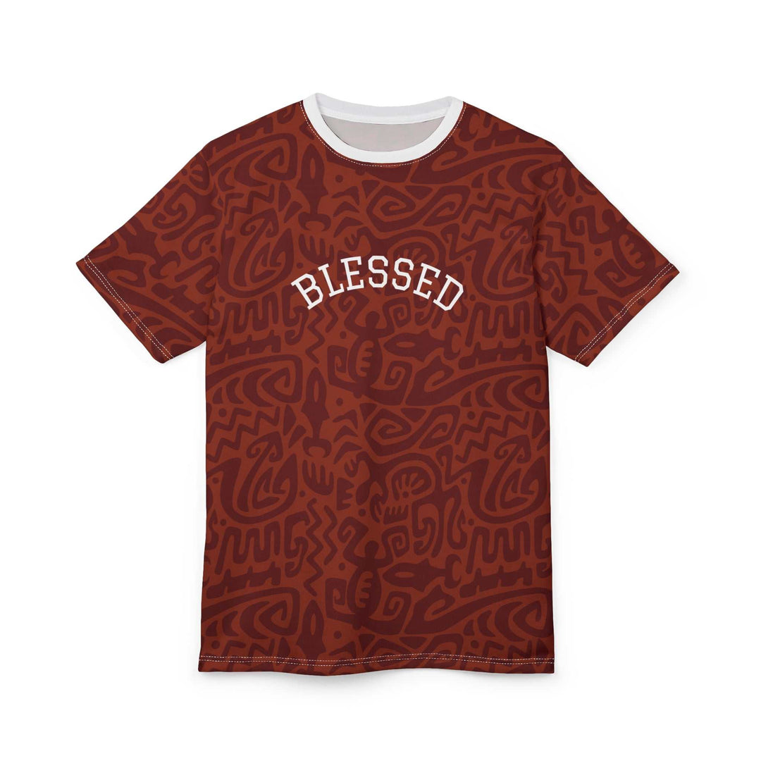 Brown Blessed T-Shirt with abstract patterns, "BLESSED" text on front