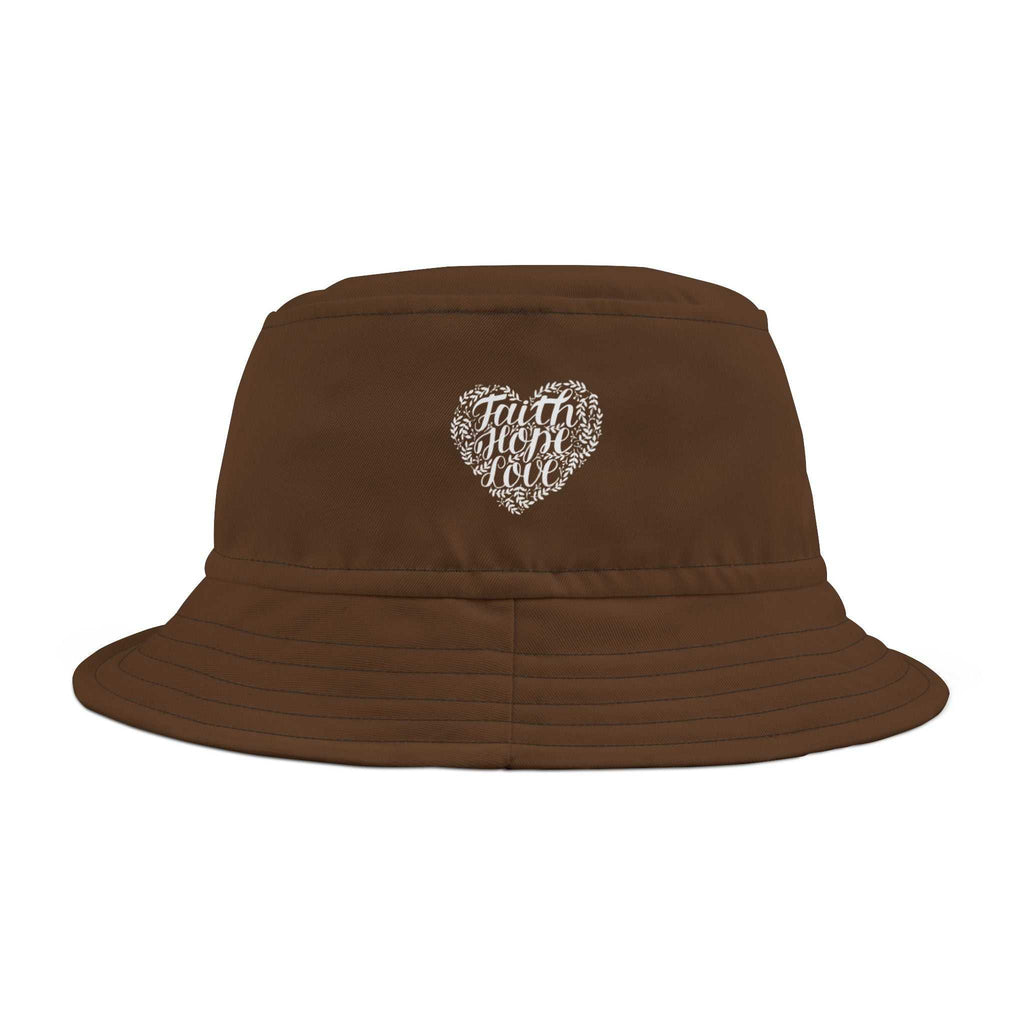 Brown Christian bucket hat with "Faith Hope Love" heart design