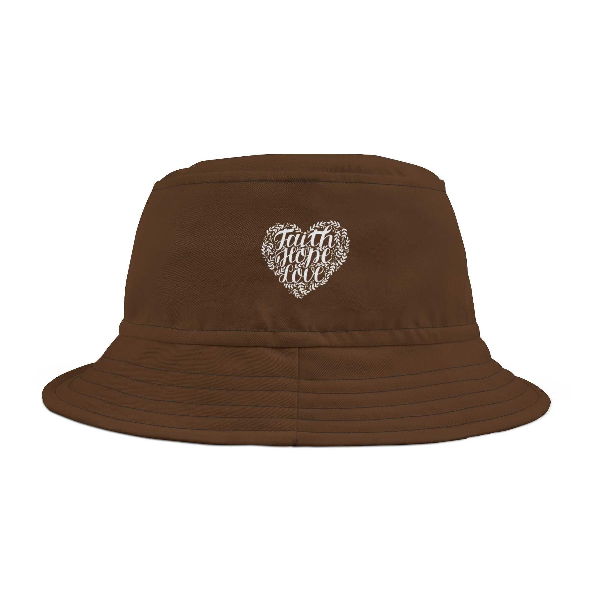 Brown Christian bucket hat with "Faith Hope Love" heart design
