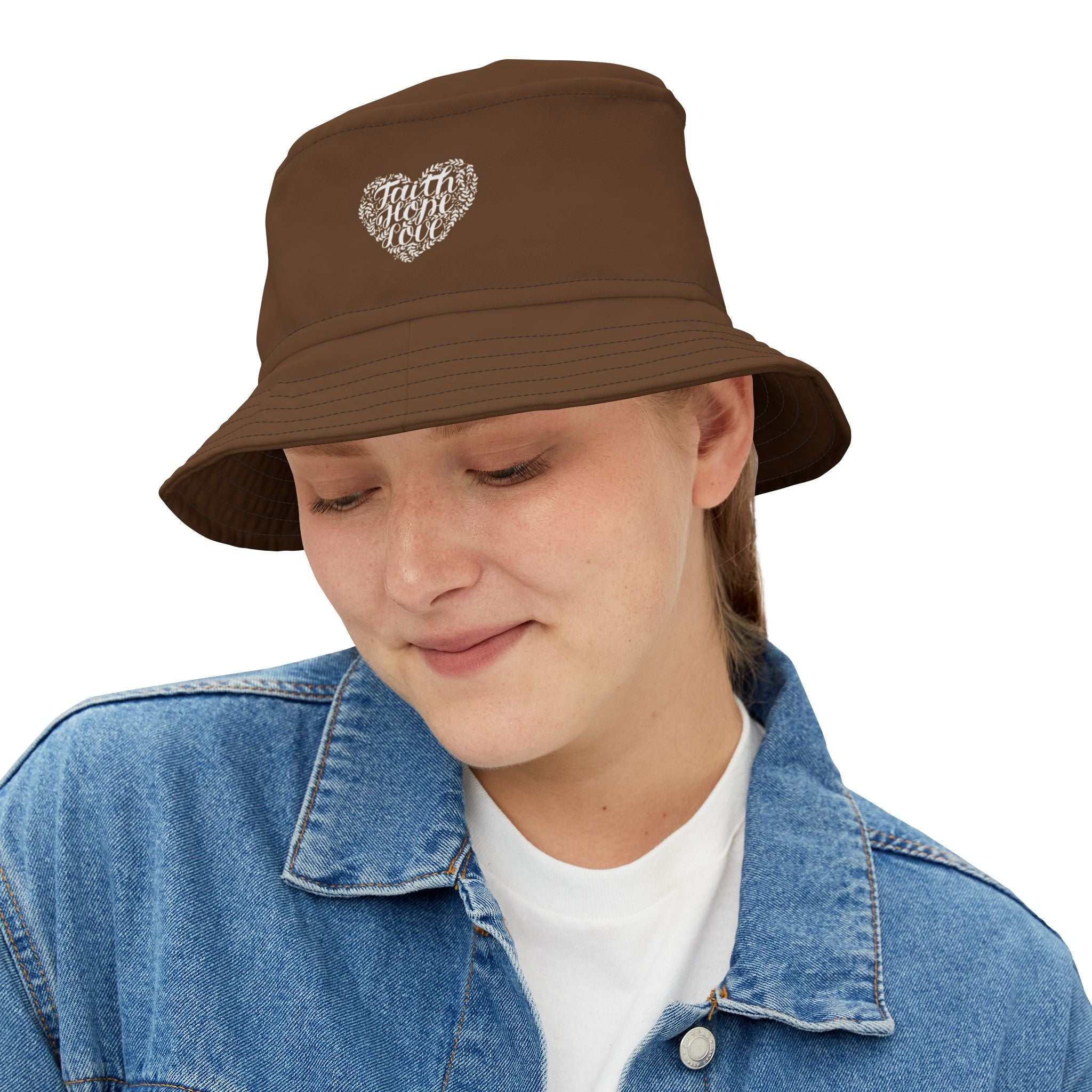 Brown Christian bucket hat with heart-shaped faith design