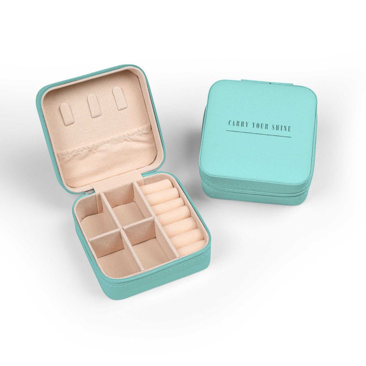 Carry Your Shine compact travel jewelry case with secure zipper closure