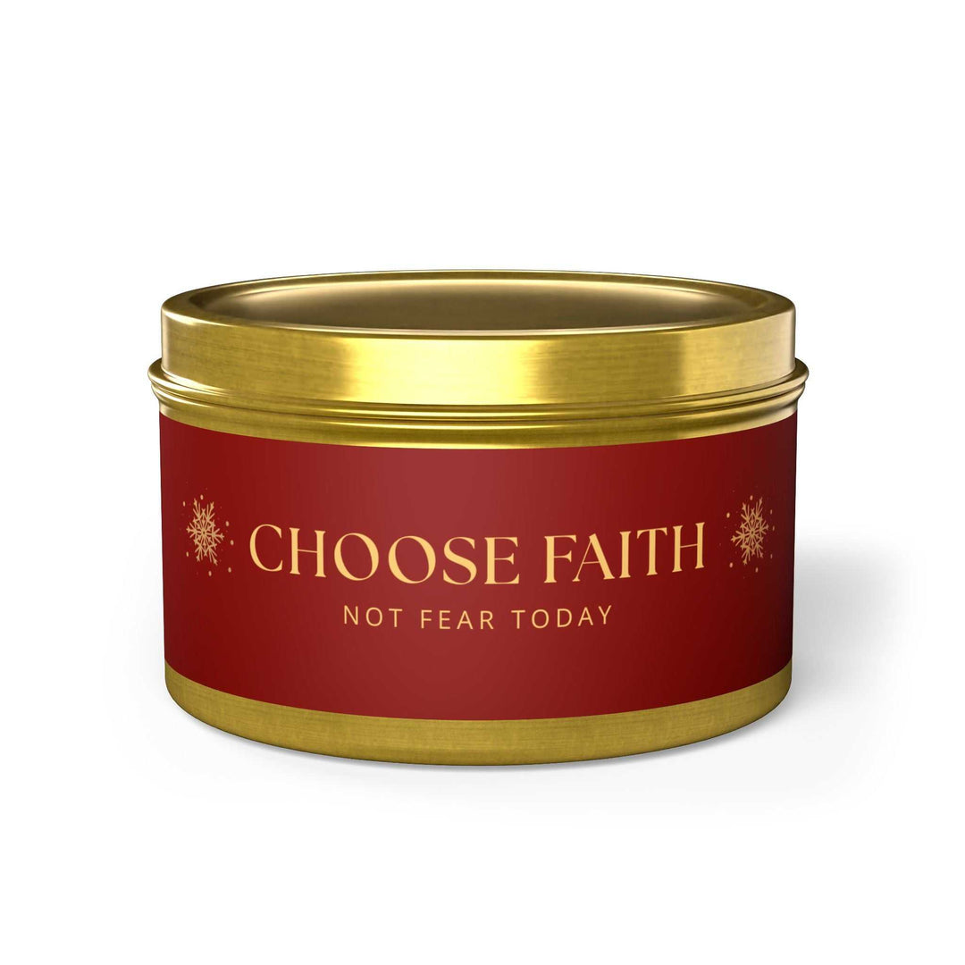 Choose Faith Tin Candle in gold and red tin with inspirational text