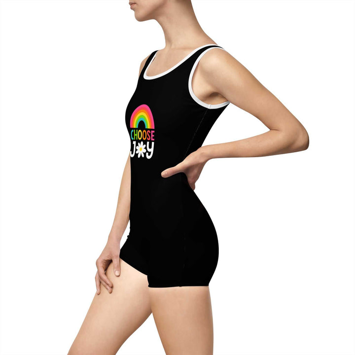 Choose Joy Vintage Swimsuit with rainbow design on black one-piece