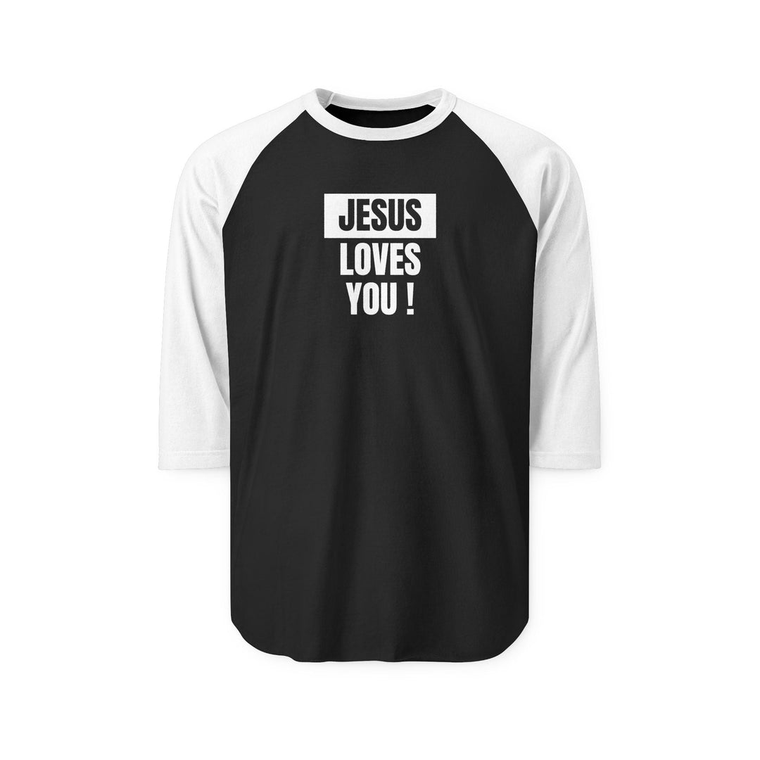 Christian 3/4 sleeve raglan shirt with "Jesus Loves You!" text