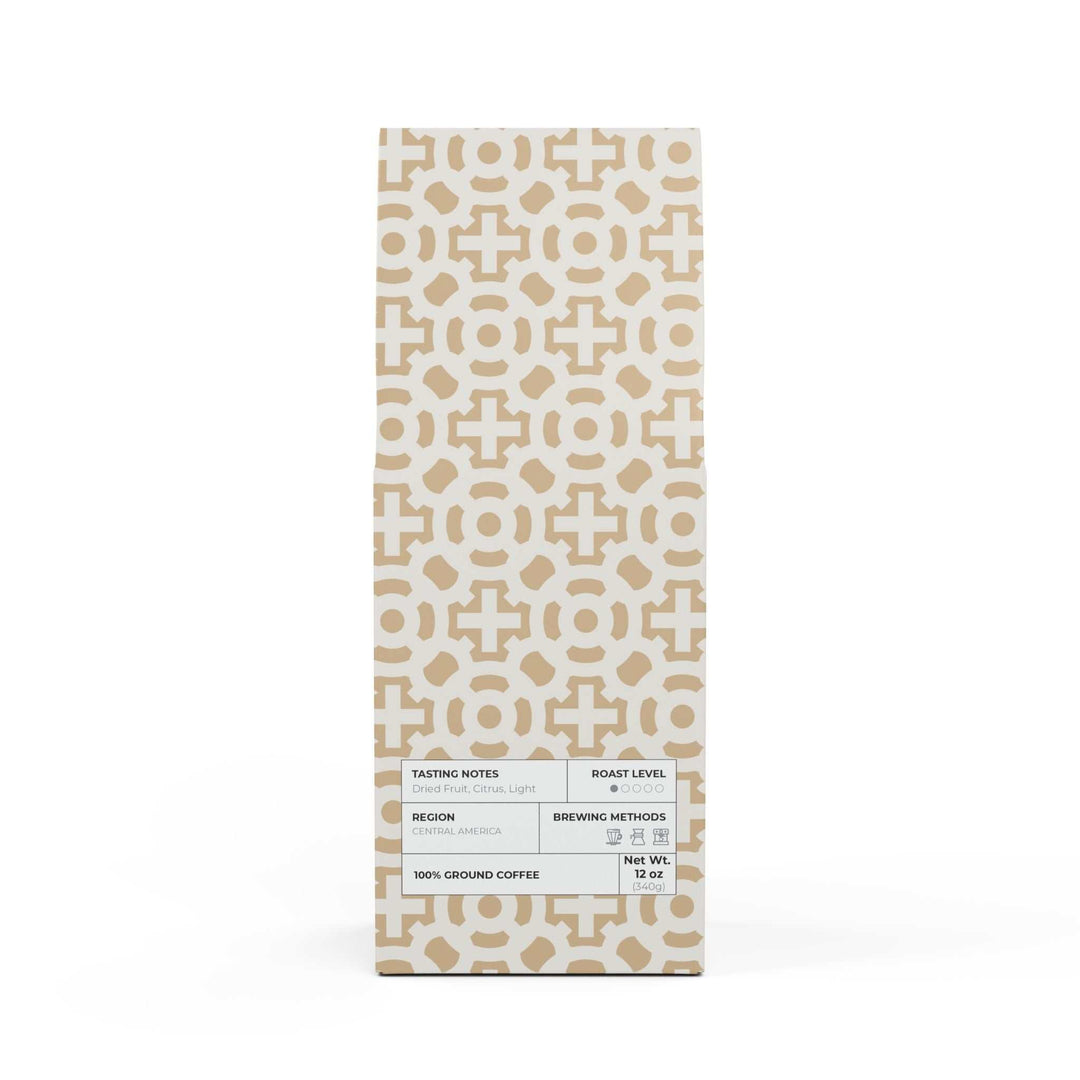 Christian Cross Coffee light roast bag with geometric cross pattern