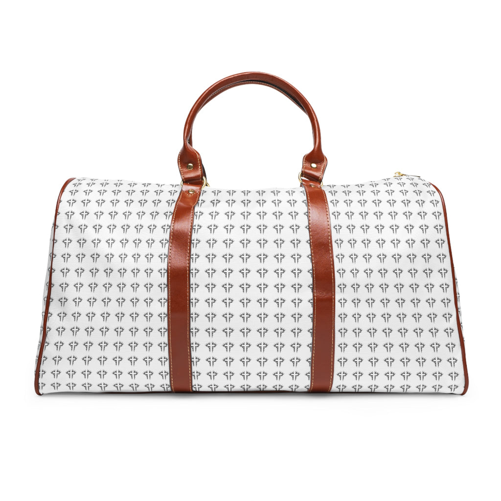 Christian Cross travel bag with brown PU leather handles and repeated cross design on white nylon material