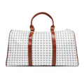 Christian Cross travel bag with brown PU leather handles and repeated cross design on white nylon material