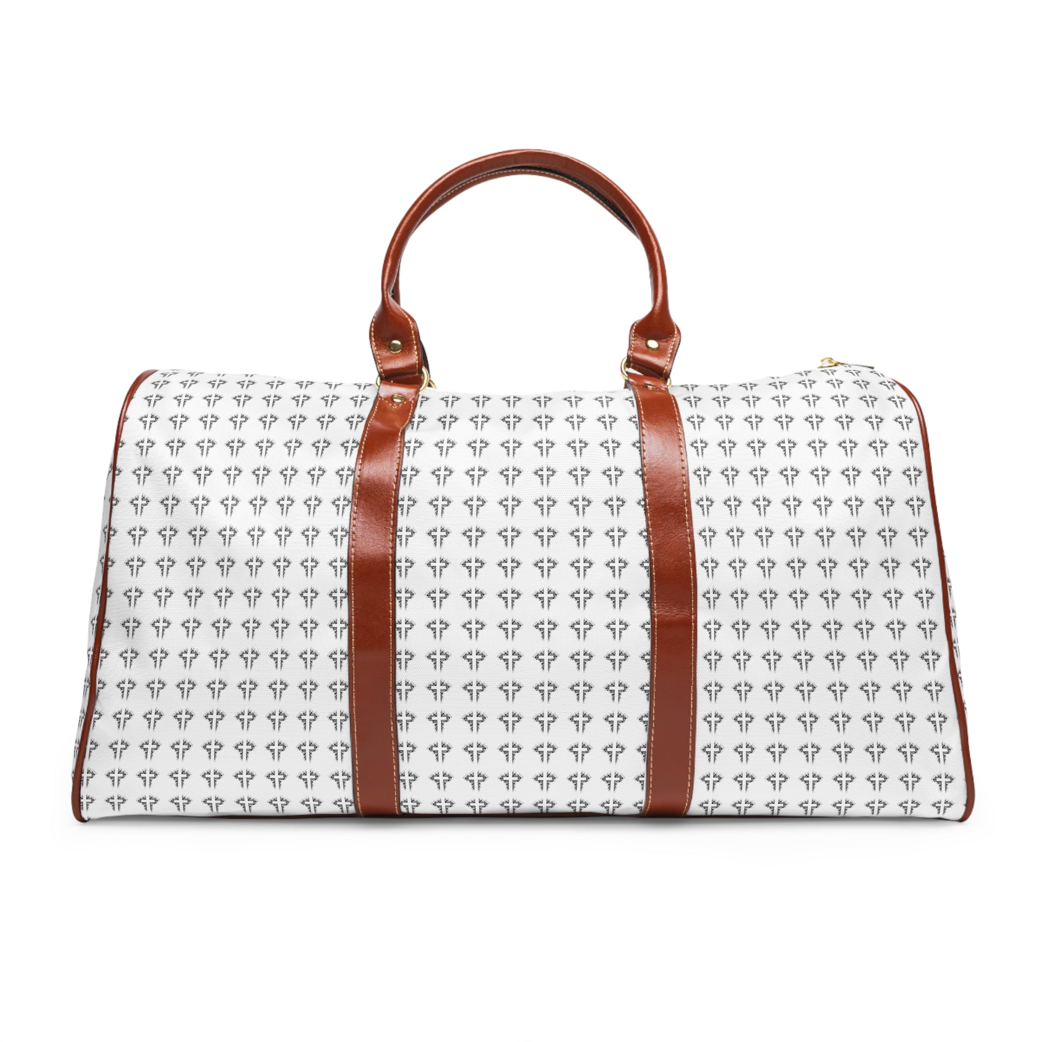Christian Cross travel bag with brown PU leather handles and repeated cross design on white nylon material