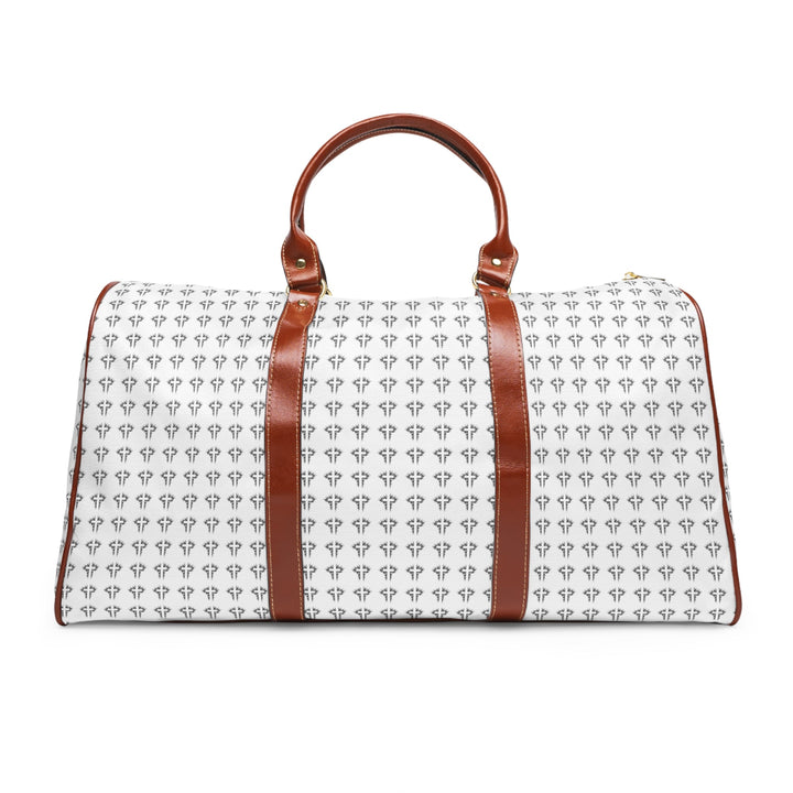 White Christian Cross travel bag with brown PU leather handles and gold zipper, featuring repeated cross pattern and durable nylon material.