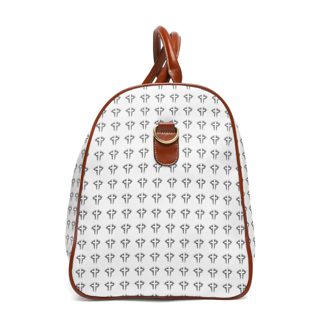Christian Cross travel bag with white and brown design, gold zipper, and adjustable brown PU leather handles