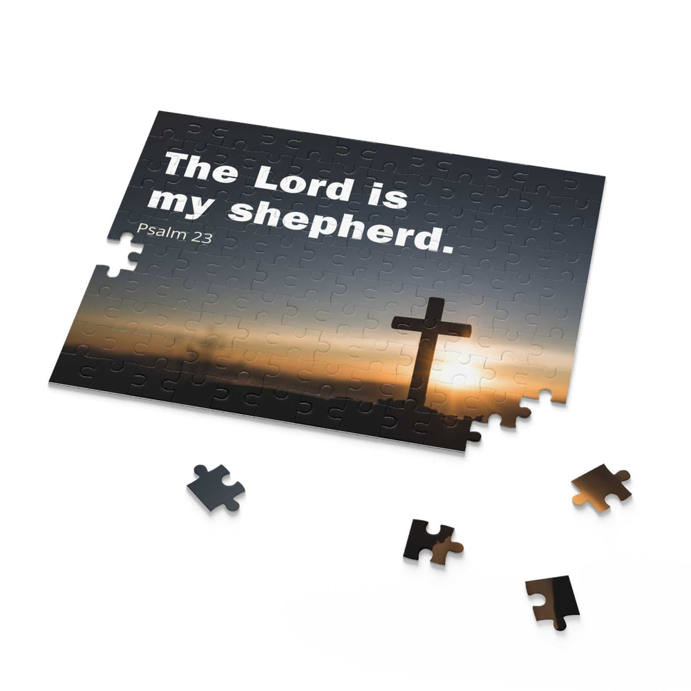 Christian Puzzle with Psalm 23 verse and cross silhouetted