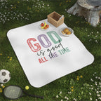 Christian picnic blanket with positive quote "God is good all the time"