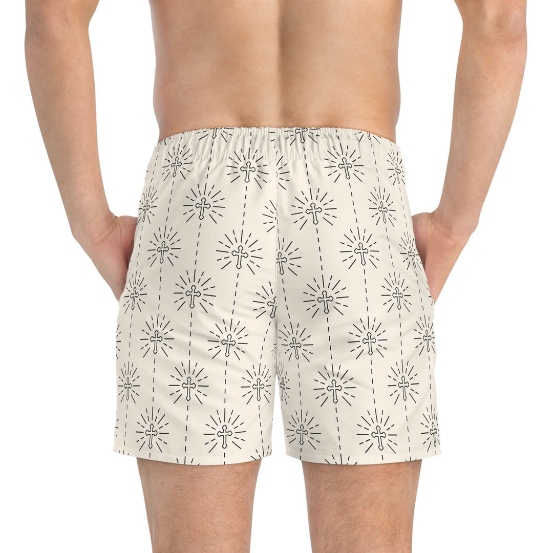 Christian swim trunks with all-over cross and rays pattern