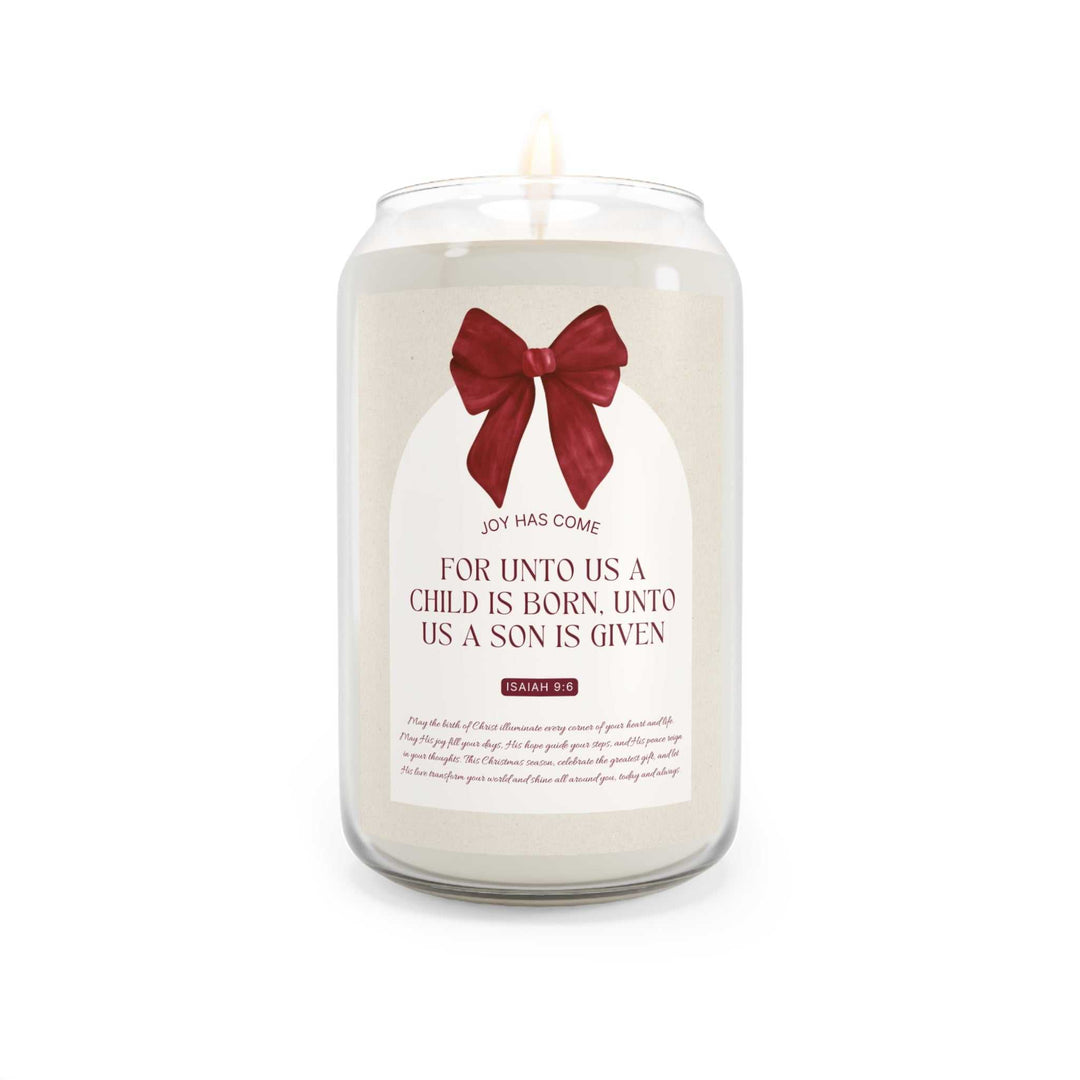 Christmas Joy Candle with red bow, inspirational text