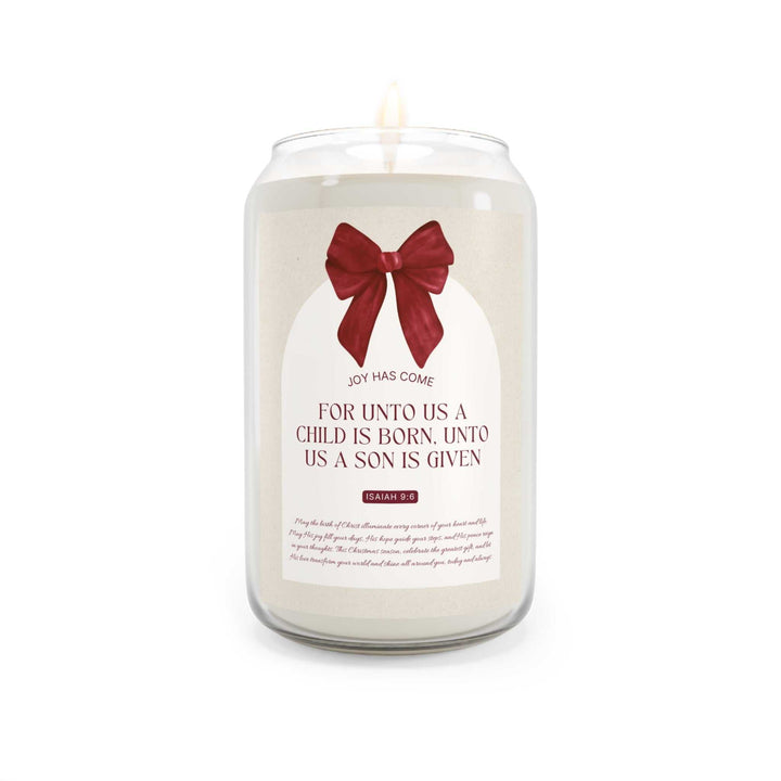 Christmas Joy Candle with red bow, inspirational text