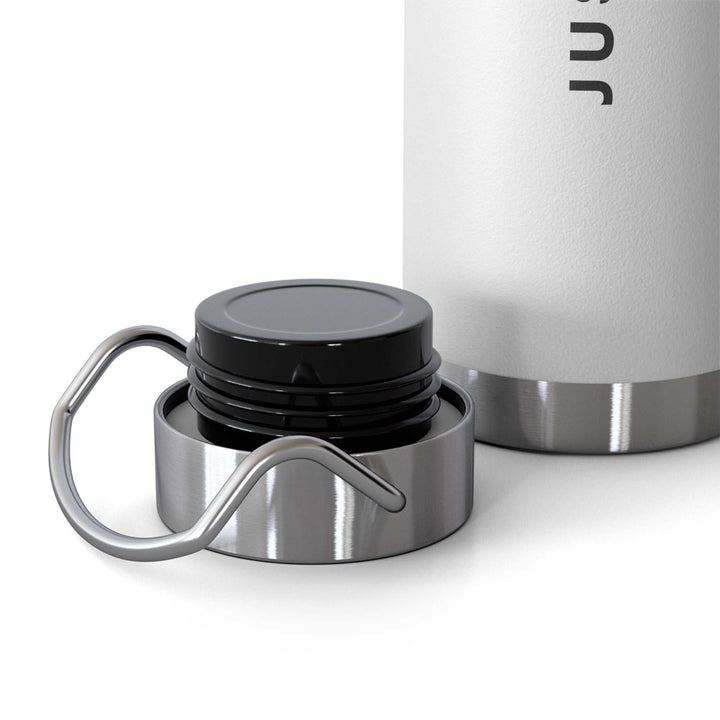 Close-up of the Keep Praying bottle's spill-proof screw cap with metal loop handle against a white background