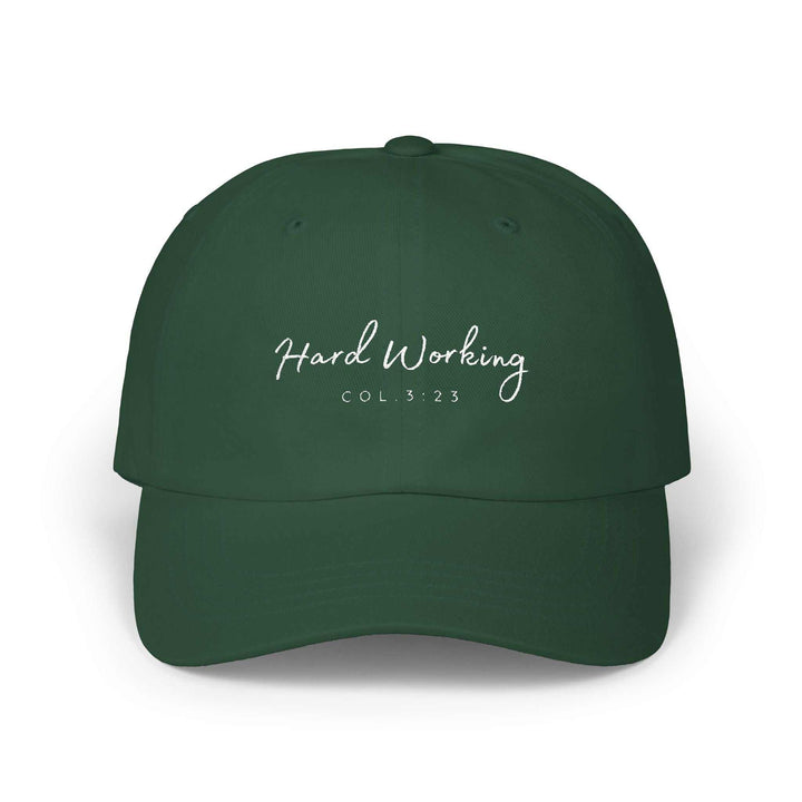 Colossians 3:23 Cap in green with "Hard Working" embroidery