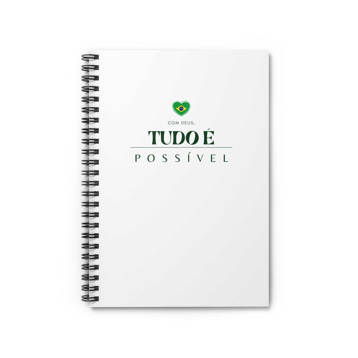 White spiral notebook with "Com Deus, Tudo é Possível" inspirational text on front cover