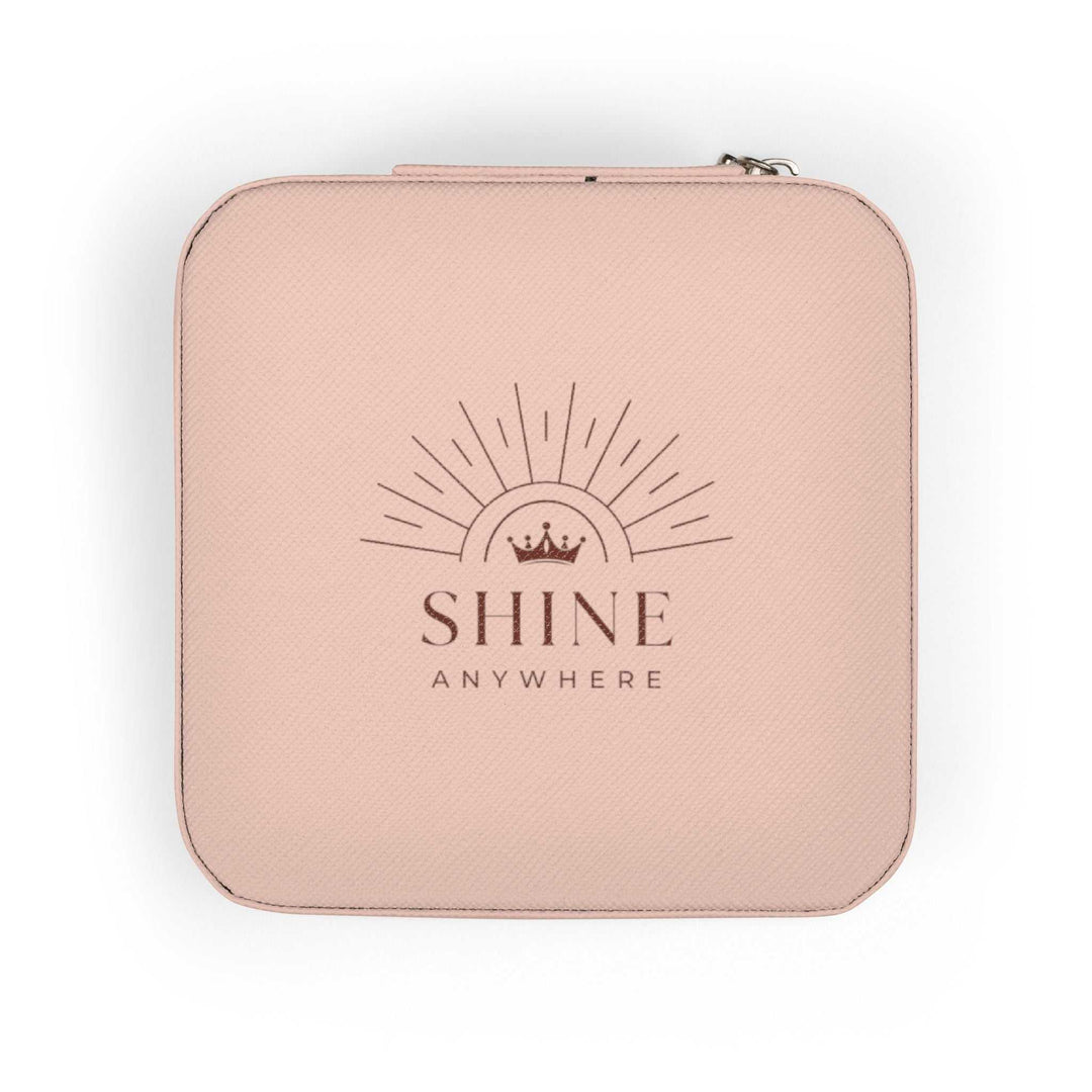 Compact pink Shine Anywhere Travel Case with zipper and logo