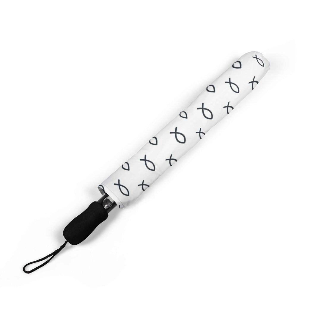 Compact white umbrella with black Christian fish symbols pattern