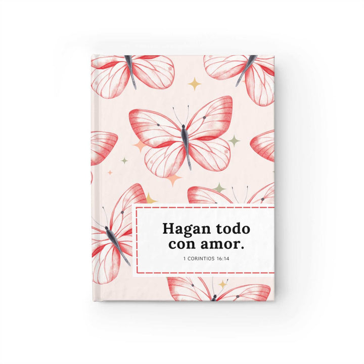 Corintios 16:14 Journal with pink butterfly cover and Spanish Bible verse