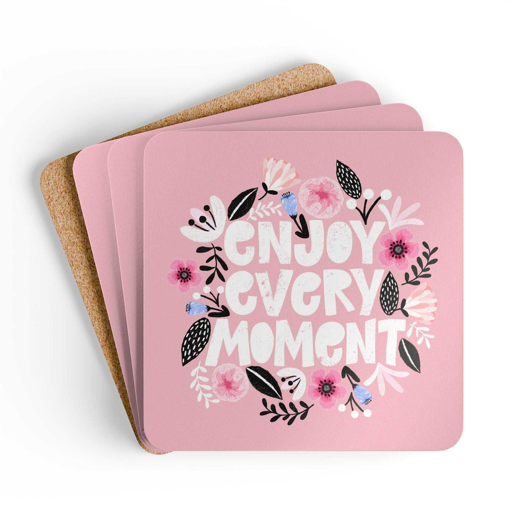 Corkwood coaster set with "Enjoy Every Moment" text