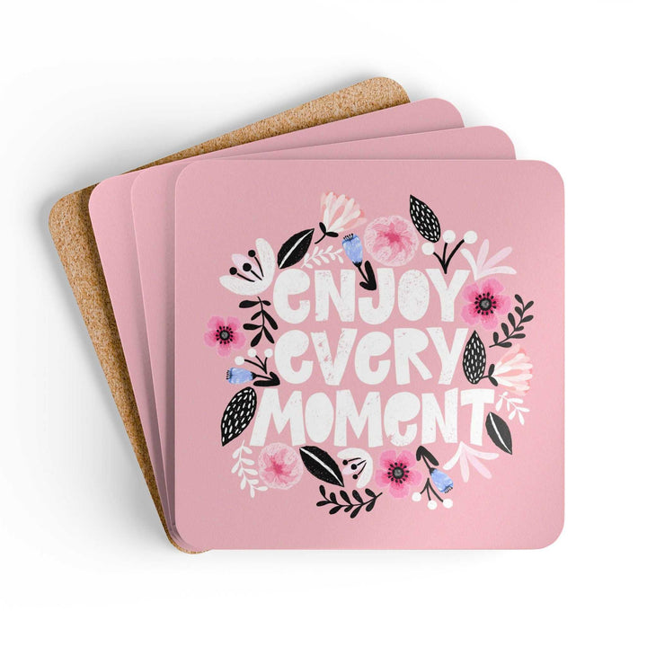 Corkwood coaster set with "Enjoy Every Moment" text
