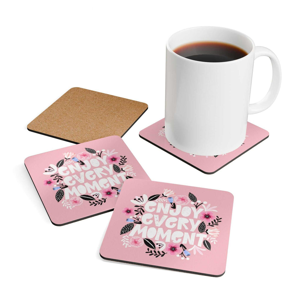 Corkwood coasters with high-gloss pink tops featuring floral design