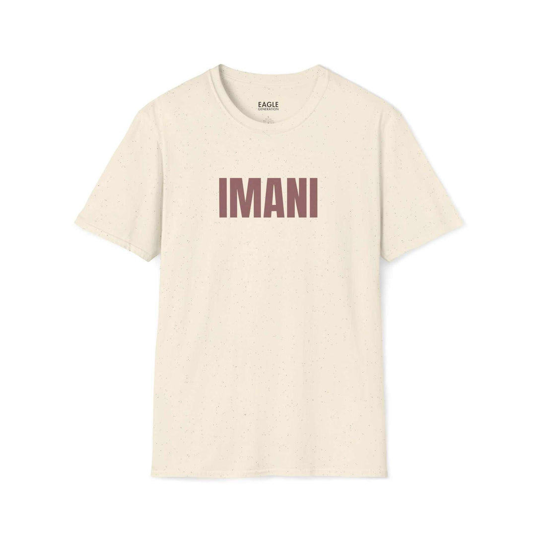Imani T-shirt in cream with bold "IMANI" text, classic fit 100% cotton tee celebrating faith and strength