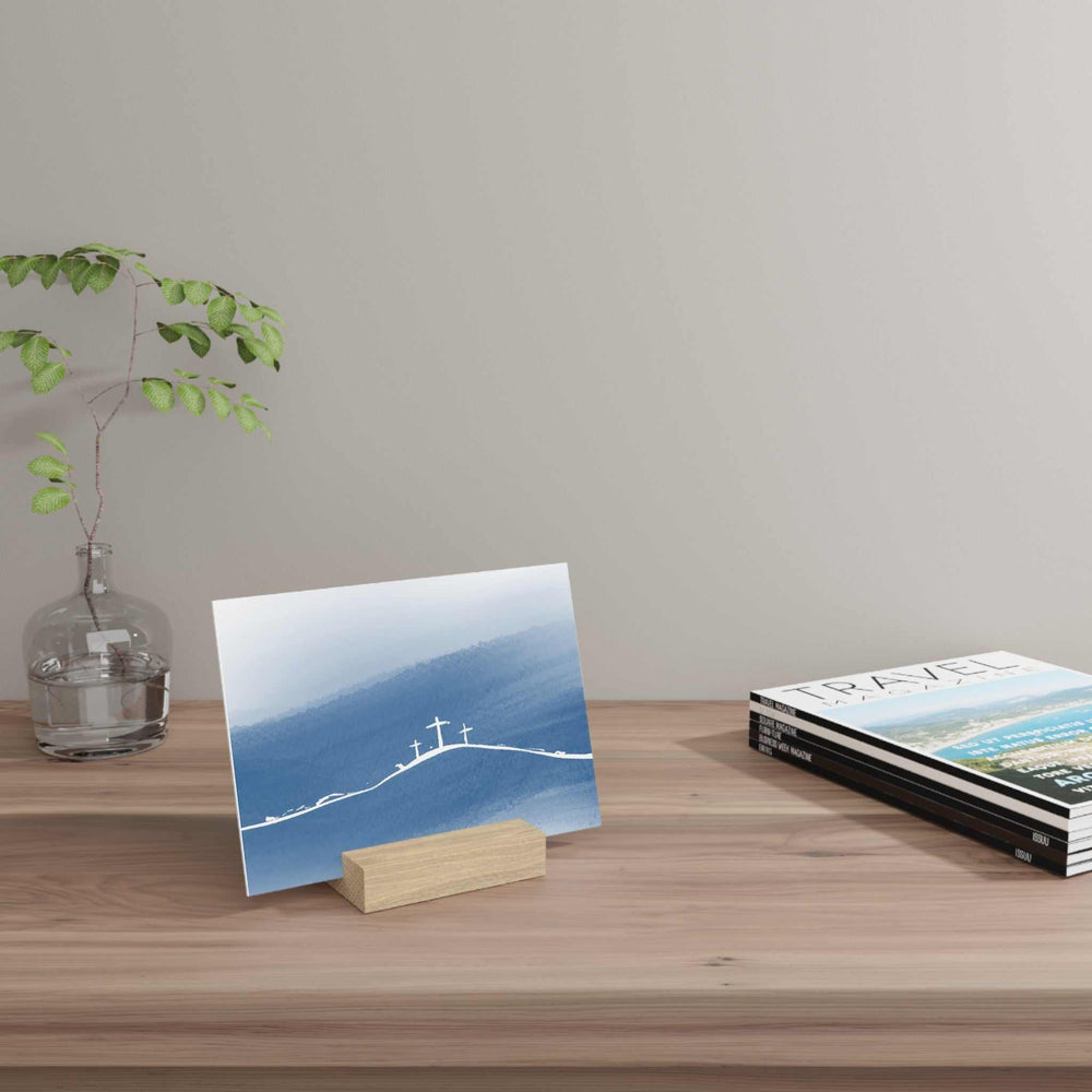 Cross Illustration Gallery Board with solid oak wooden stand