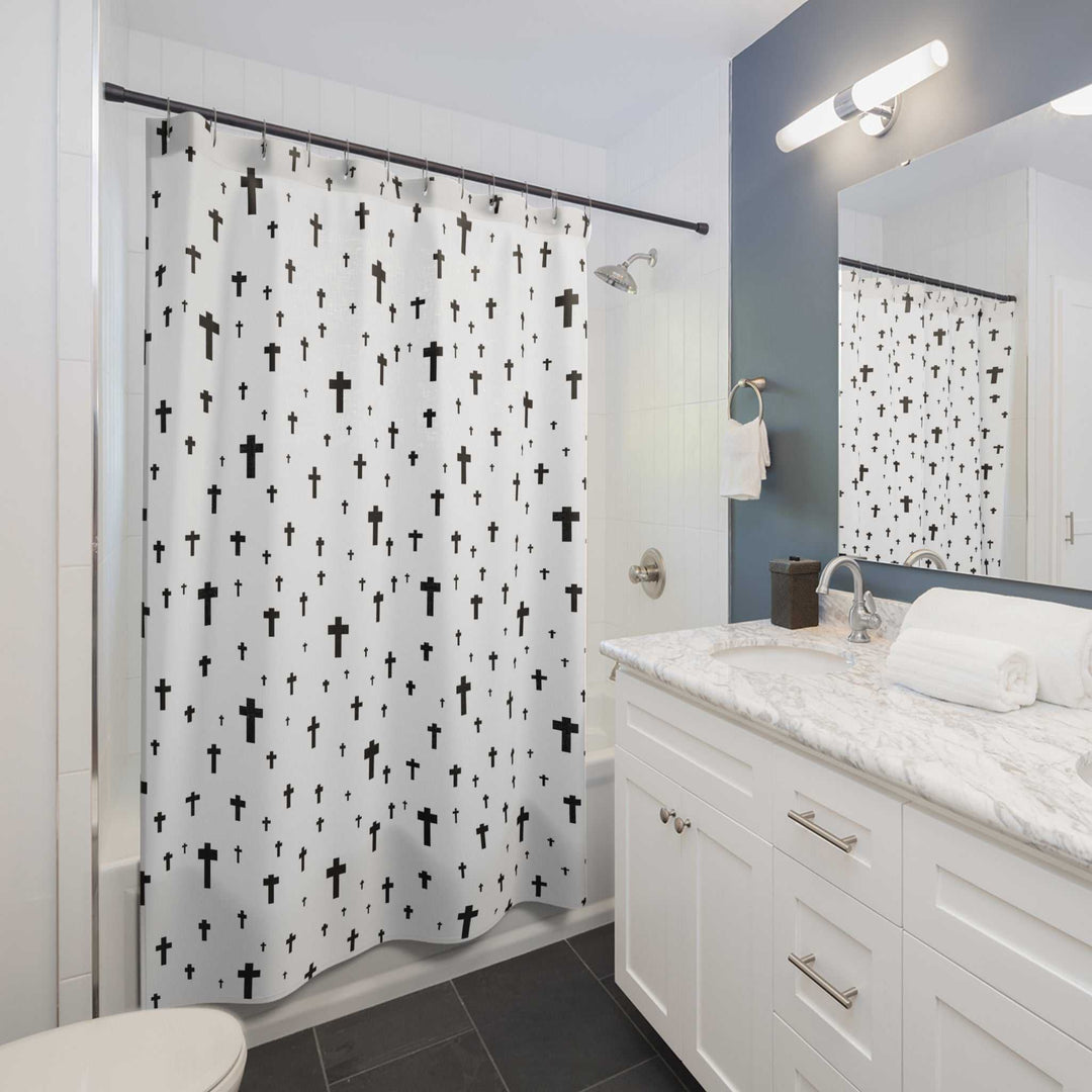 Cross pattern Bible verse shower curtains in modern bathroom
