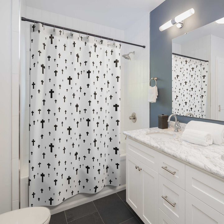 Cross pattern Bible verse shower curtains in modern bathroom