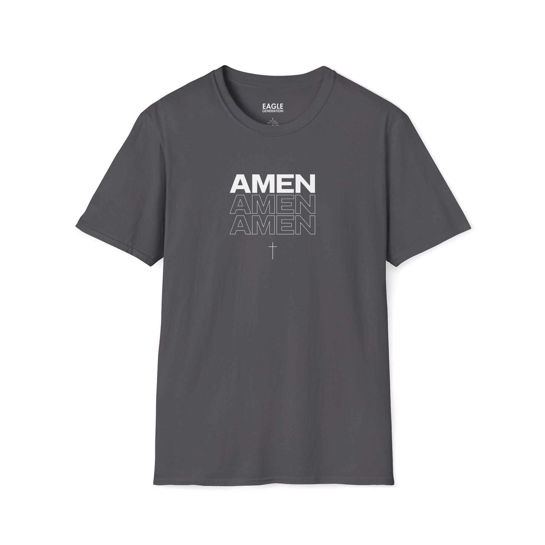 Gray Amen T-shirt with repeated text and a small cross, made of 100% cotton, classic fit.