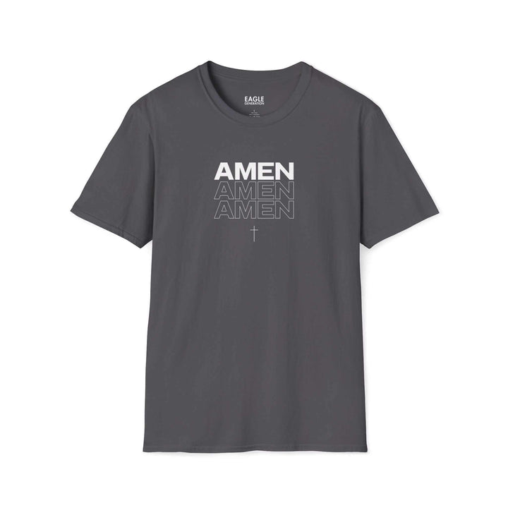 Gray Amen T-shirt with repeated text and a small cross, made of 100% cotton, classic fit.
