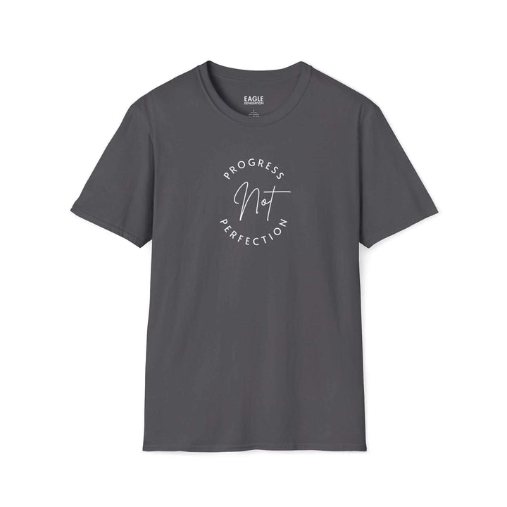 Dark gray unisex Progress T-Shirt with "Progress Not Perfection" text, soft cotton blend, classic crew neck and durable twill tape shoulders.