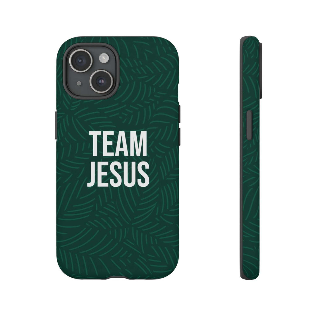 Dark green phone case with "TEAM JESUS" text and leaf pattern