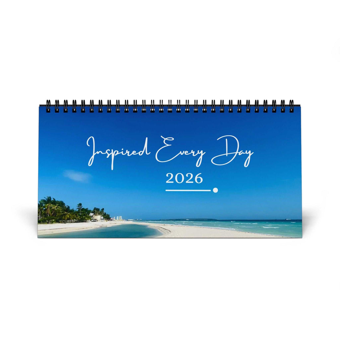 Desktop Calendar 2026 with spiral binding, beach photo cover