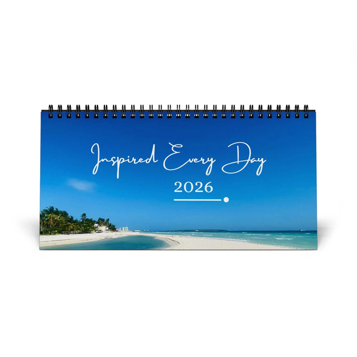 Desktop Calendar 2026 with spiral binding, beach photo cover