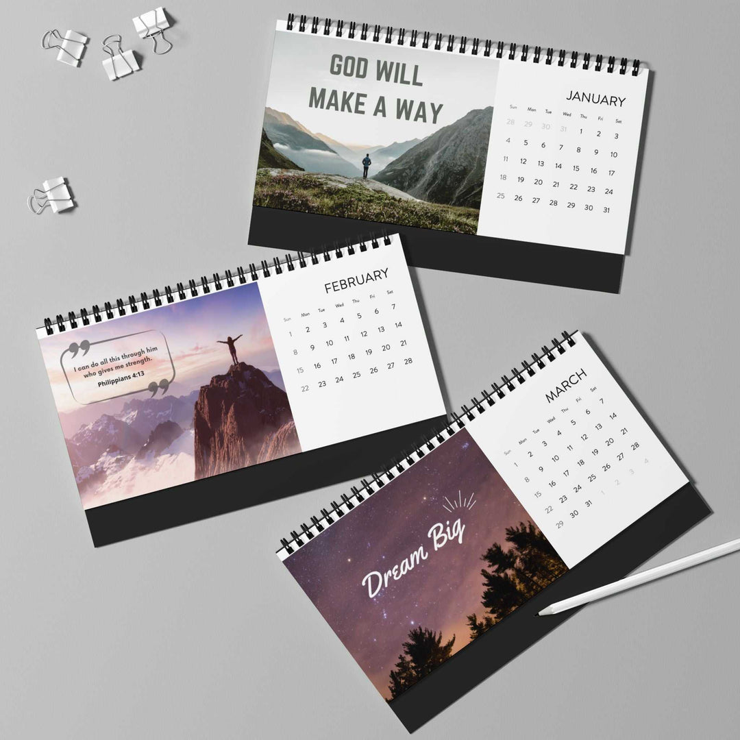 Desktop Calendar 2026 with spiral binding, inspirational photos