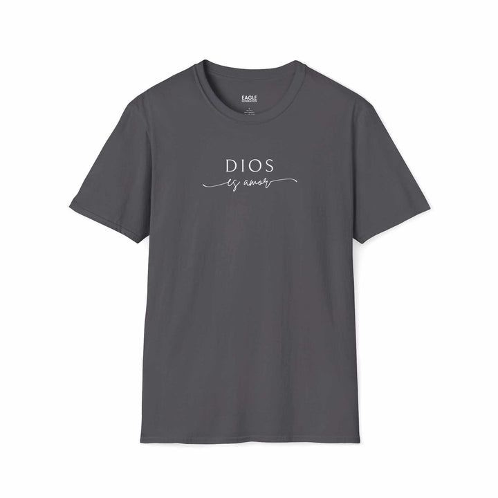 Dios Es Amor T-Shirt in dark gray with white text