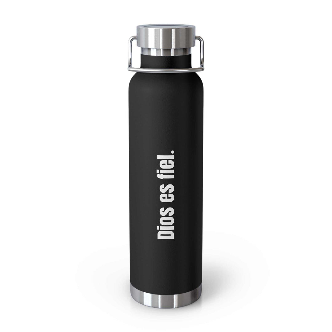 Black sleek Dios Es Fiel bottle with silver cap and inspirational message in white text
