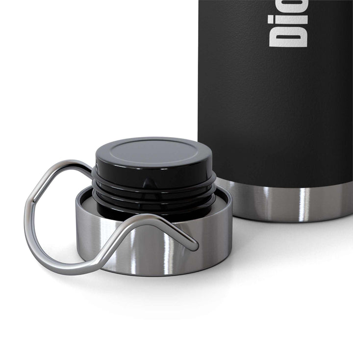 Black Dios Es Fiel stainless steel bottle with screw cap and metal handle, durable and inspirational design