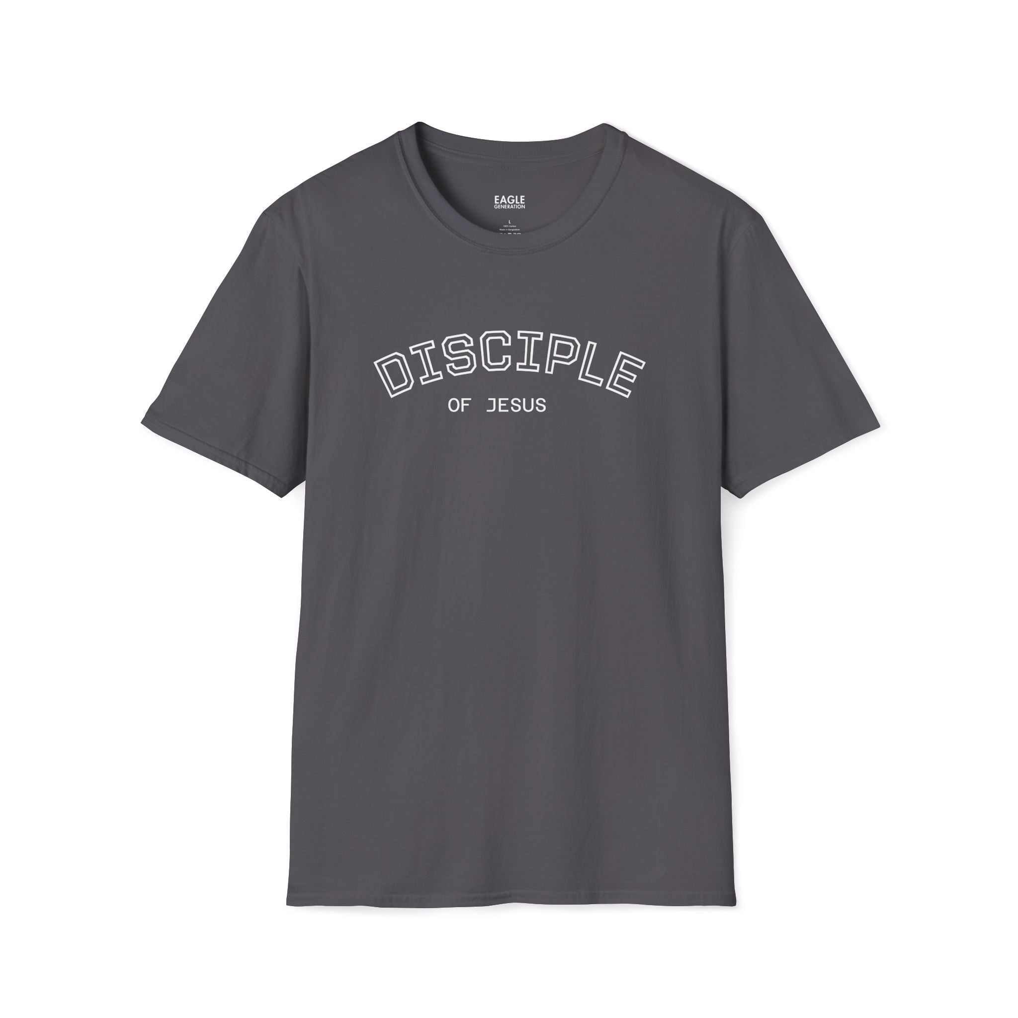 Disciple of Jesus gray T-Shirt with bold faith statement, 100% cotton, classic fit, tear-away label