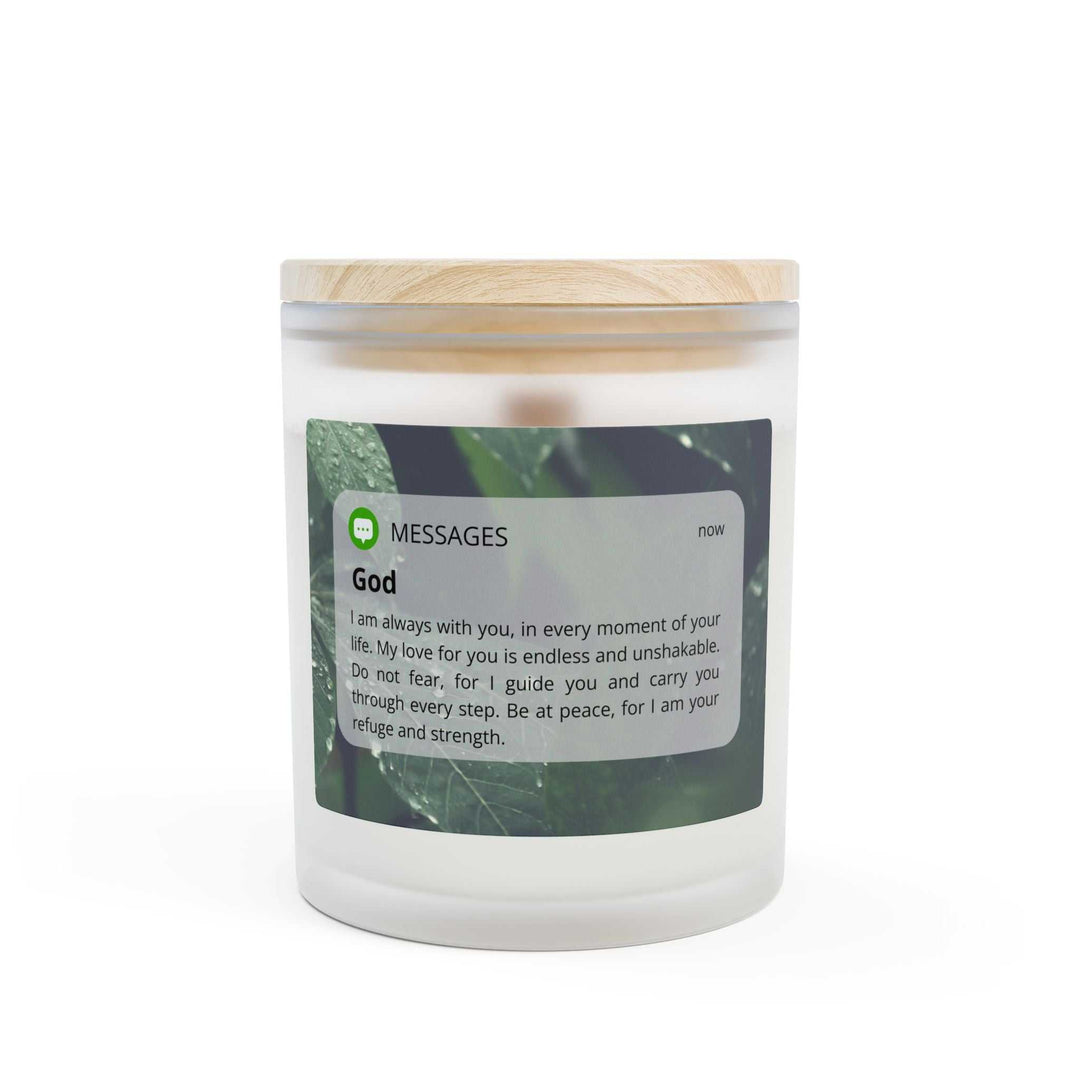 Frosted glass candle with wooden lid featuring inspirational message, coconut soy wax, natural off-white color, and wooden wick